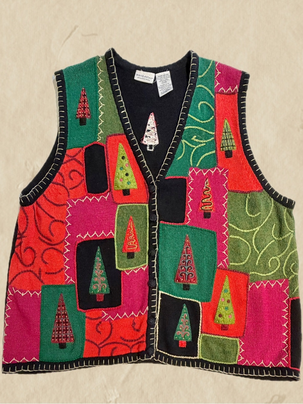 VINTAGE 90s Christmas tree knit sweater vest cardigan button front